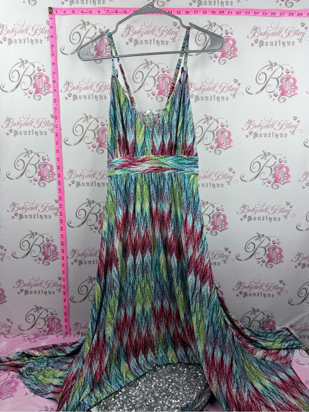 La Vie En Rose Multicolor Zigzag Maxi Dress in Teal blue Red pink & Lime